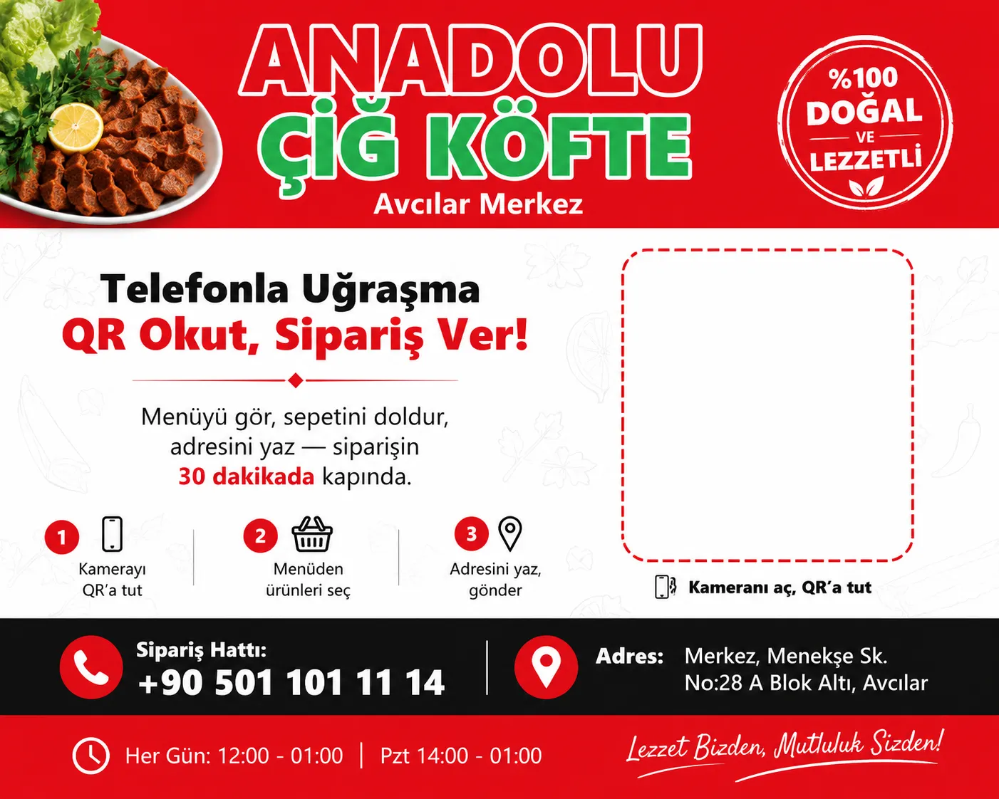 Anadolu Çiğ Köfte dükkan içi ve vitrin QR posteri örneği