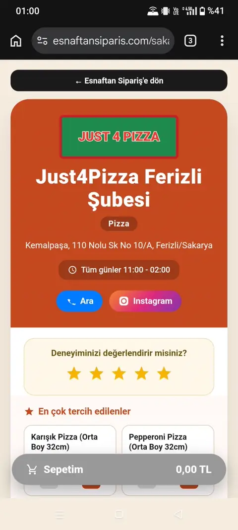 Just4Pizza sipariş sayfasında menü seçiminden WhatsApp'a sipariş göndermeye kadar olan adımların ekran görüntüsü akışı